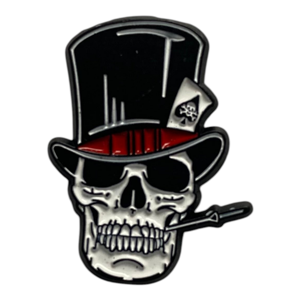 Pinkgul.no decorative metal sticker featuring a skull wearing a top hat with an ace of spades card and a cigarette.