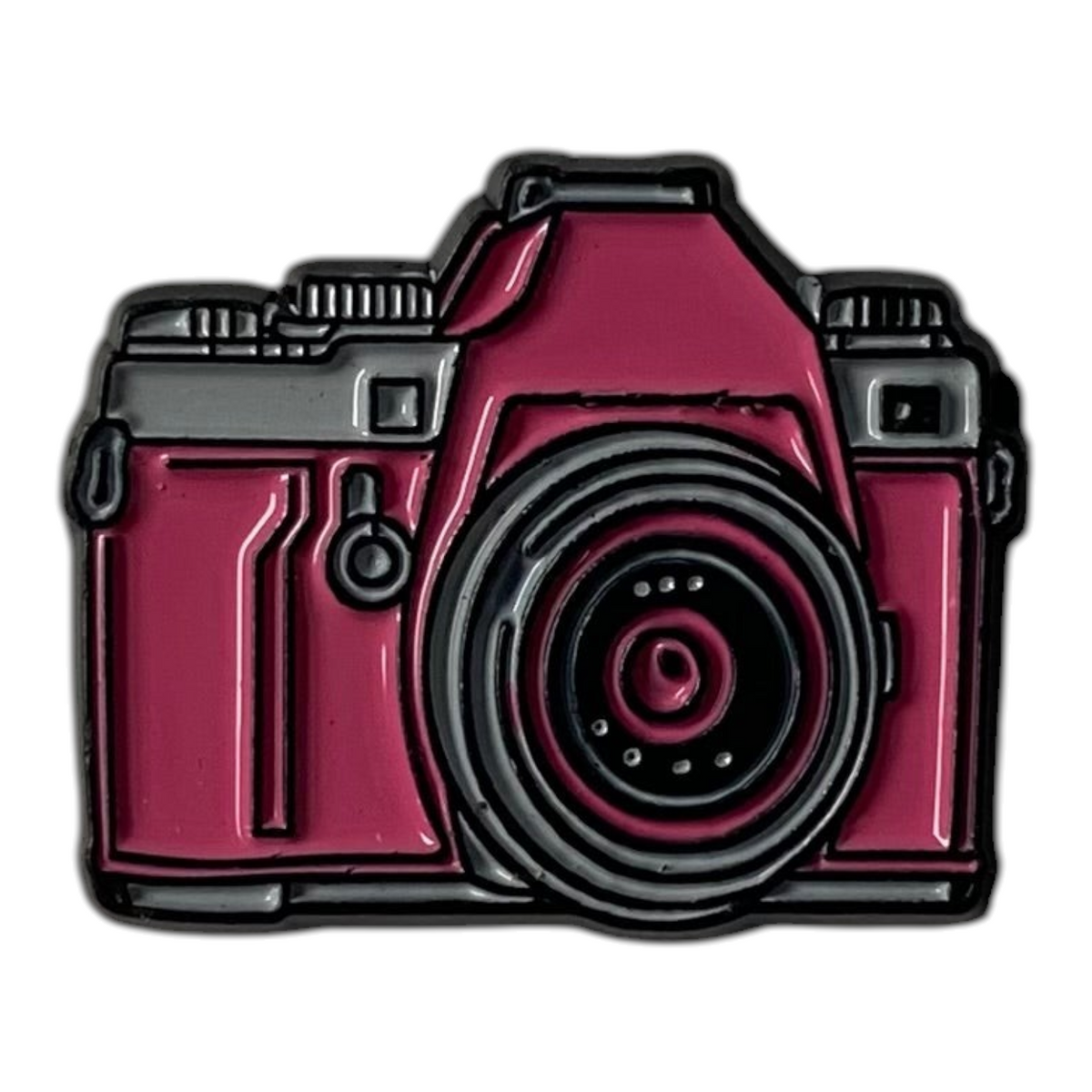 Pinkgul.no decorative metal sticker featuring a detailed, raised design of a dark pink camera for electronic devices.