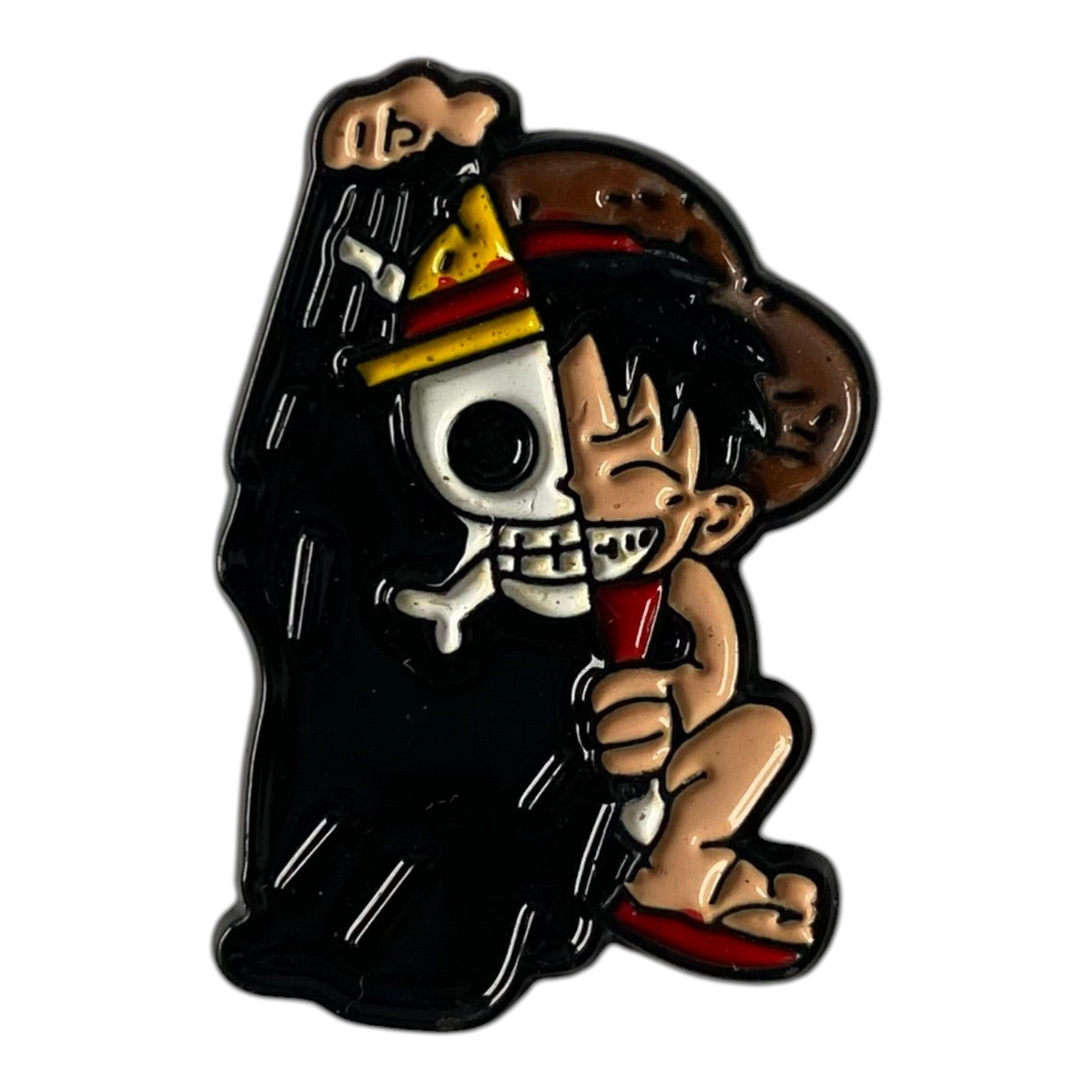 Pinkgul.no decorative metal sticker featuring a split design of Monkey D. Luffy and a skull on a white background.