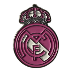 Pinkgul.no decorative metal sticker featuring the Real Madrid logo in pink and silver with a raised crown design.