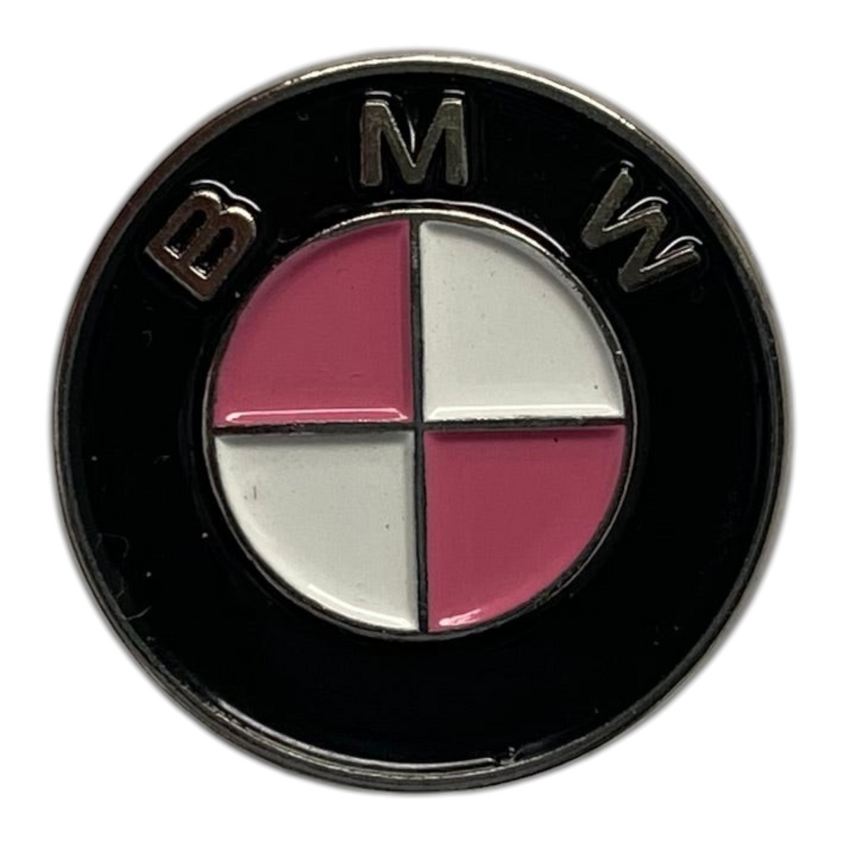 Pinkgul.no decorative metal sticker featuring a circular BMW logo design with pink and white accents.