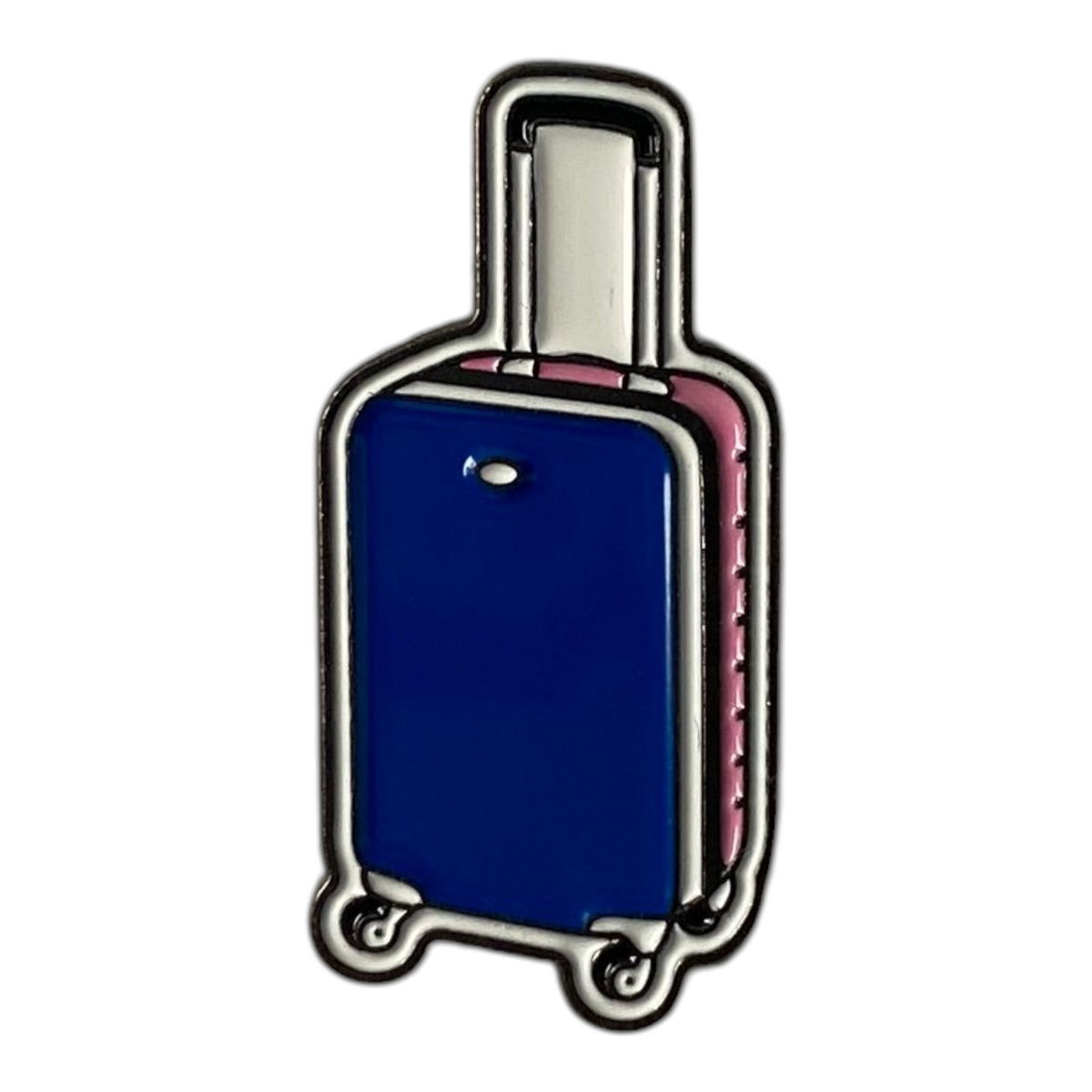 Pinkgul.no decorative metal sticker shaped like a blue and pink rolling suitcase with a raised design.
