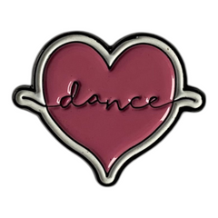 Pinkgul.no decorative metal heart sticker with a maroon center and the word dance in elegant script lettering.