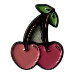 Pinkgul.no decorative metal sticker featuring a raised cherry design in shades of pink with a green leaf