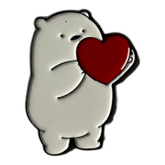 Pinkgul.no decorative metal sticker featuring a cute white bear holding a red heart on a neutral background.