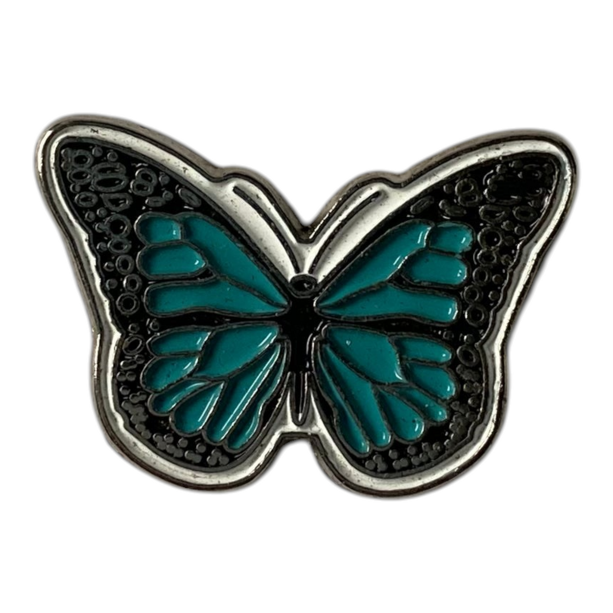Pinkgul.no decorative metal butterfly sticker with teal enamel wings and silver trim for mobile devices