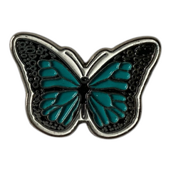 Pinkgul.no decorative metal butterfly sticker with teal enamel wings and silver trim for mobile devices