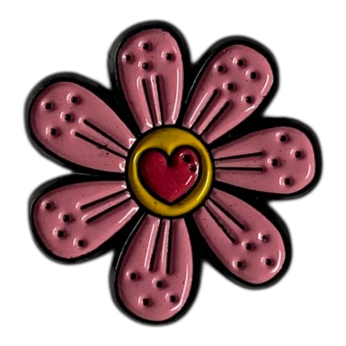 Pinkgul.no decorative metal flower sticker with a raised design and a small red heart center on a white background.
