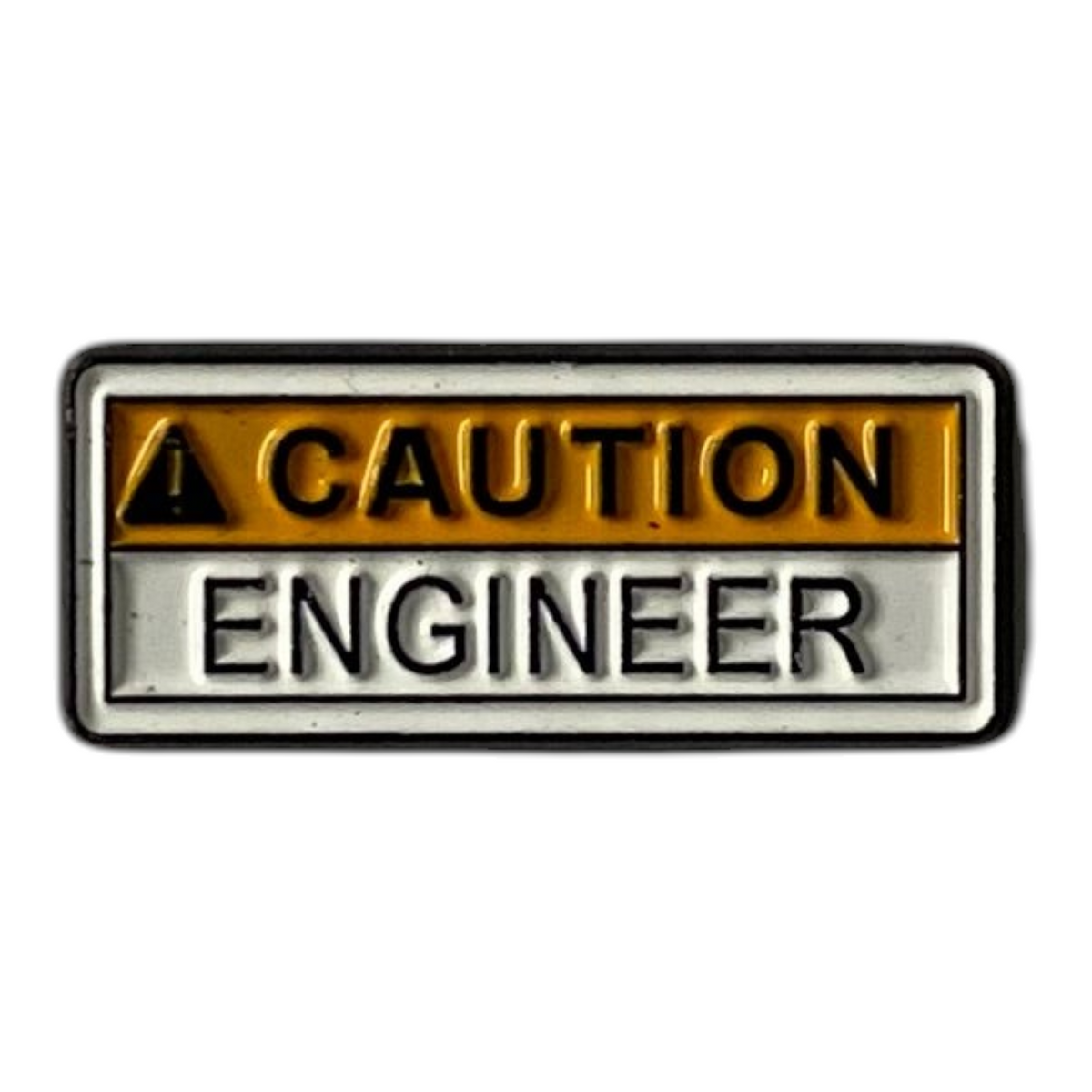 Pinkgul.no decorative metal sticker with a raised Caution Engineer design in yellow and black for electronics