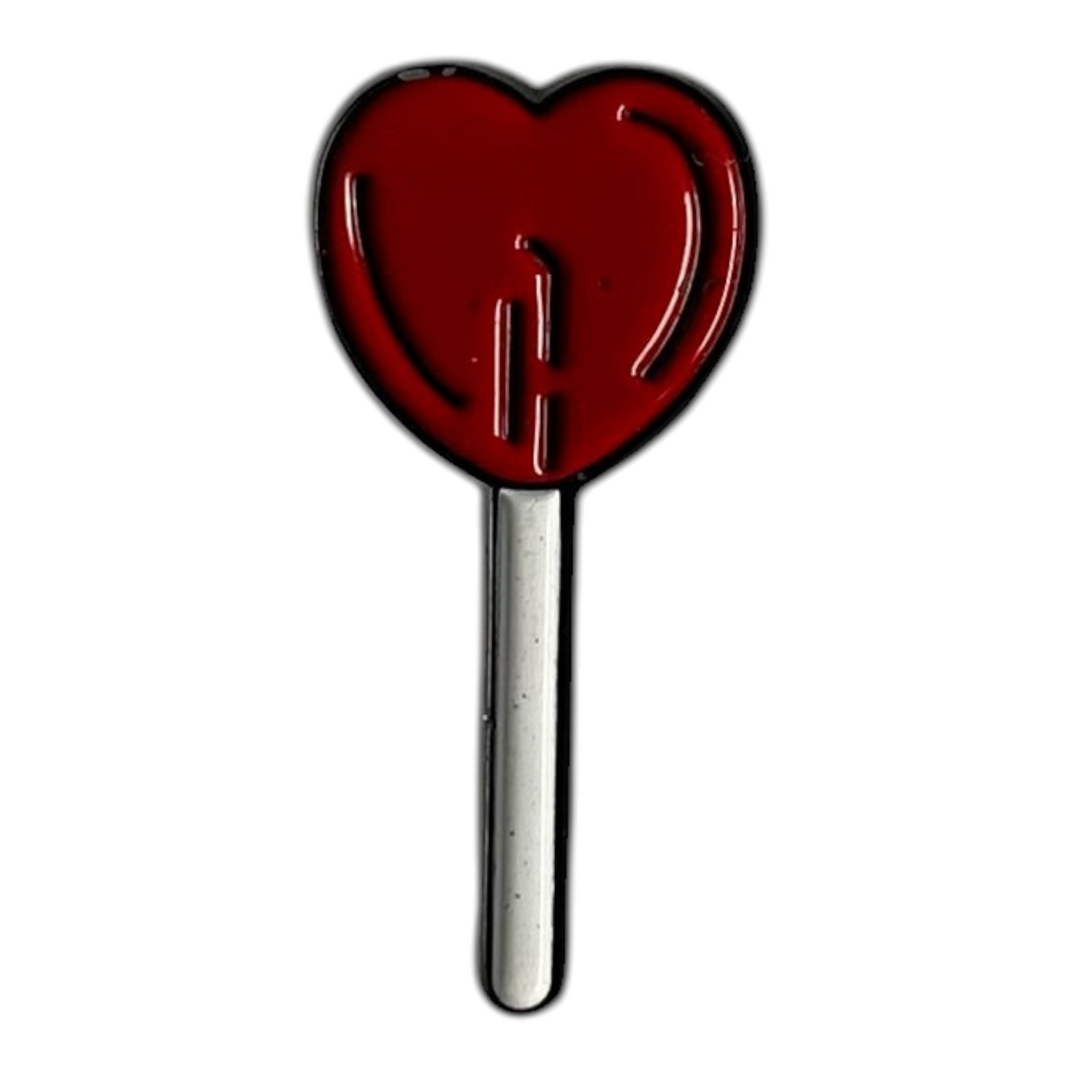 Pinkgul.no red heart-shaped lollipop enamel pin with a silver outline on a plain light grey background