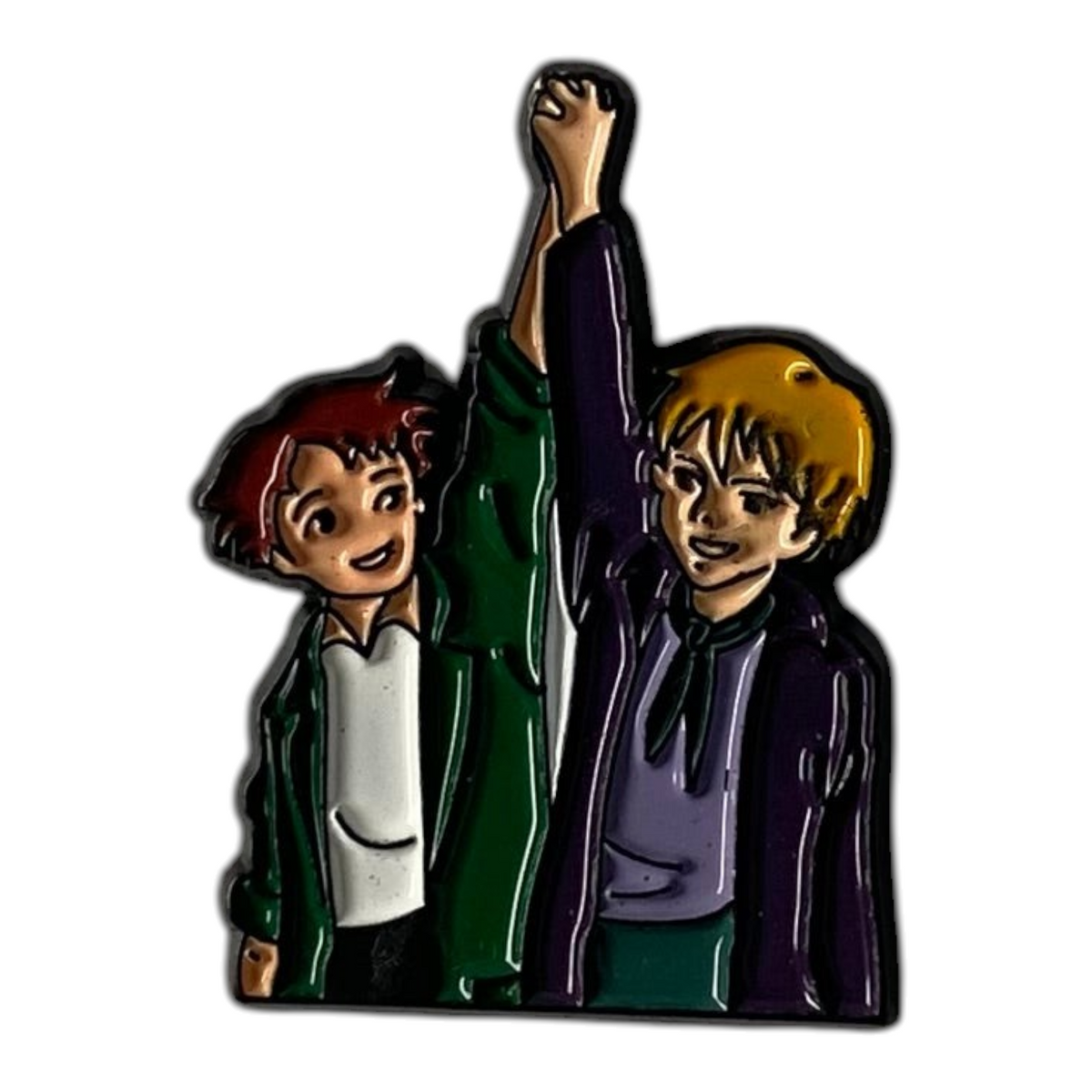 Pinkgul.no decorative metal sticker featuring an anime-style illustration of two characters holding hands