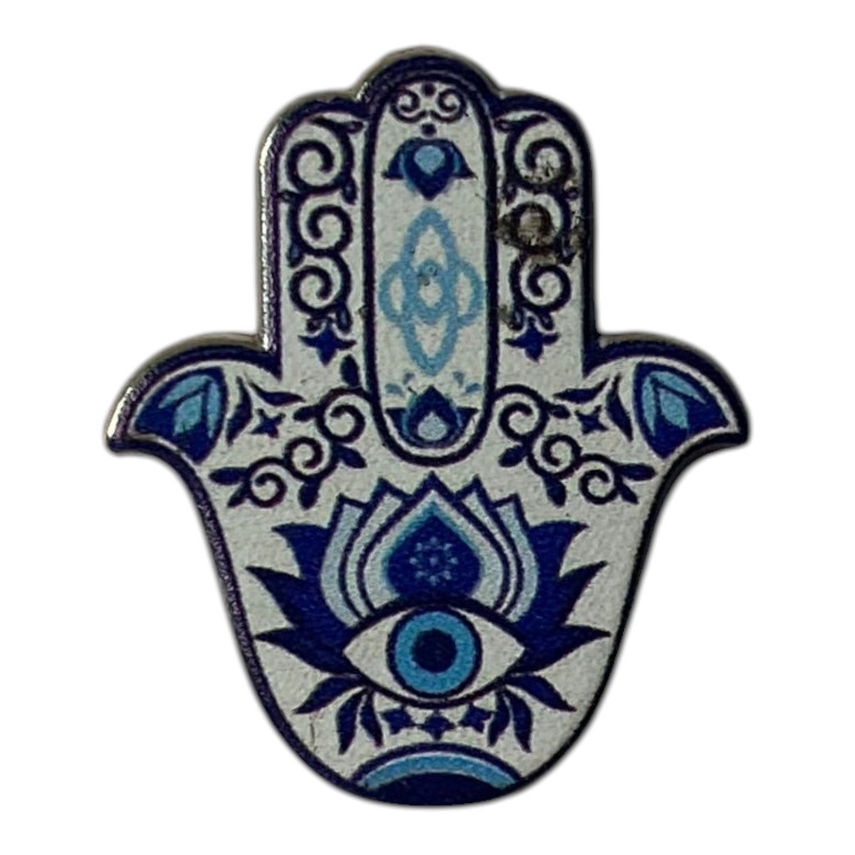 Pinkgul.no decorative metal Hamsa hand sticker with blue and white intricate patterns and an evil eye symbol