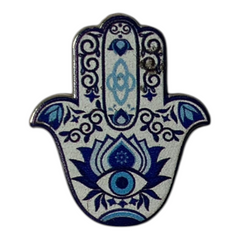 Pinkgul.no decorative metal Hamsa hand sticker with blue and white intricate patterns and an evil eye symbol