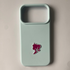 Pinkgul.no light blue phone case with a decorative metallic pink silhouette sticker of a woman with a ponytail.