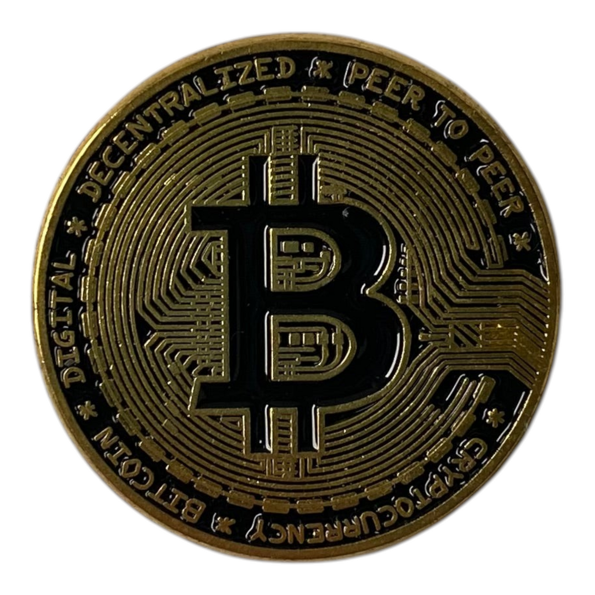 Pinkgul.no decorative gold-colored metal Bitcoin sticker with a raised, detailed cryptocurrency logo design.