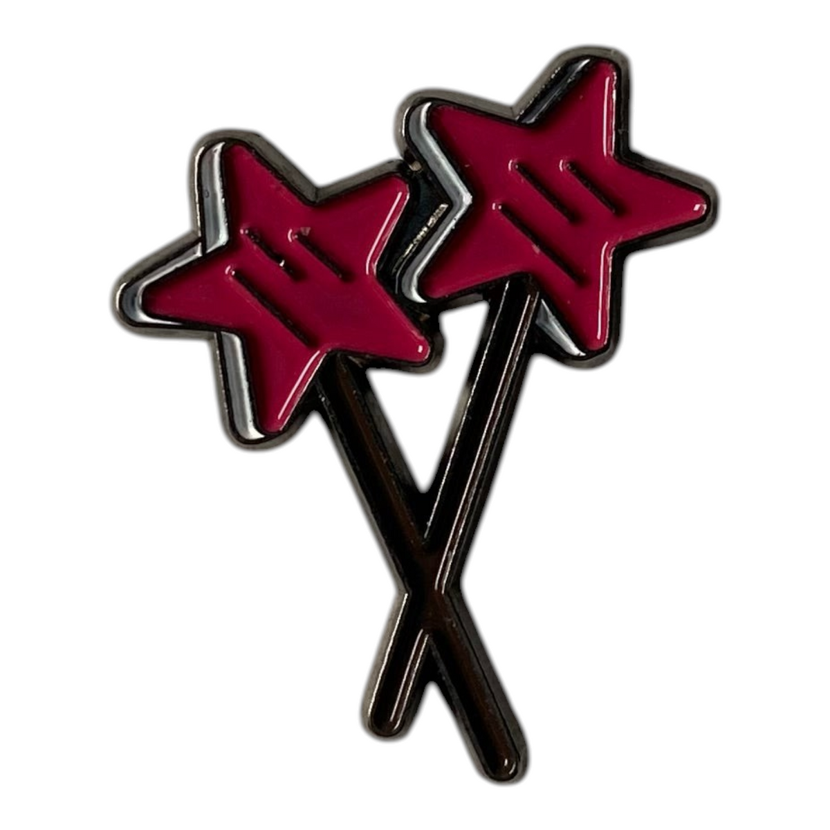 Pinkgul.no decorative metal sticker featuring two crossed pink star wands with a raised, smooth finish.