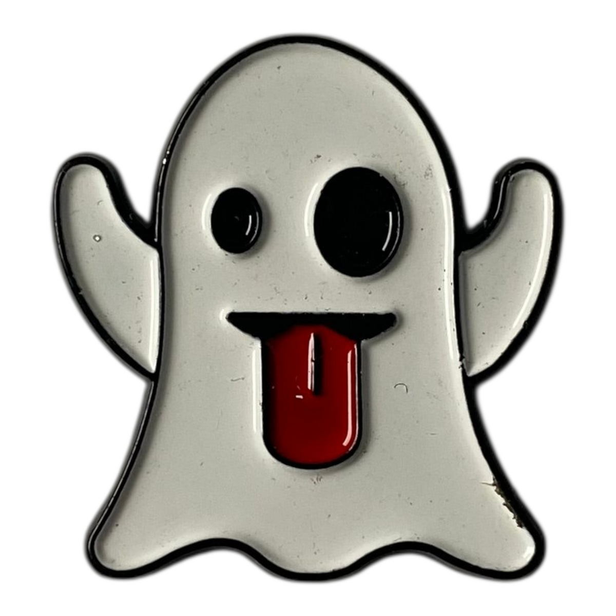 Pinkgul.no decorative metal ghost sticker with a playful tongue-out expression and raised design.