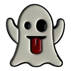 Pinkgul.no decorative metal ghost sticker with a playful tongue-out expression and raised design.