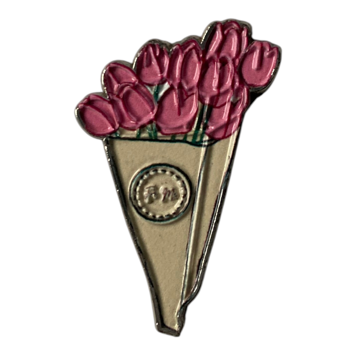 Pinkgul.no decorative metal sticker featuring a bouquet of pink tulips wrapped in beige paper with a raised design.