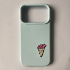 Pinkgul.no light blue phone case with a decorative metal sticker of a pink tulip bouquet