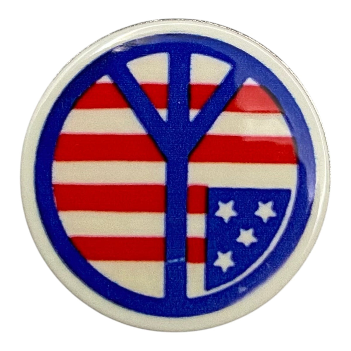 Pinkgul.no round metal decorative sticker featuring a blue, white, and red American flag peace sign design.