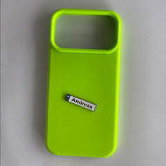 Pinkgul.no Andreas decorative metal sticker applied to a bright neon green phone case