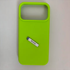 Pinkgul.no decorative Anna metal sticker with raised design applied to a bright lime green phone case