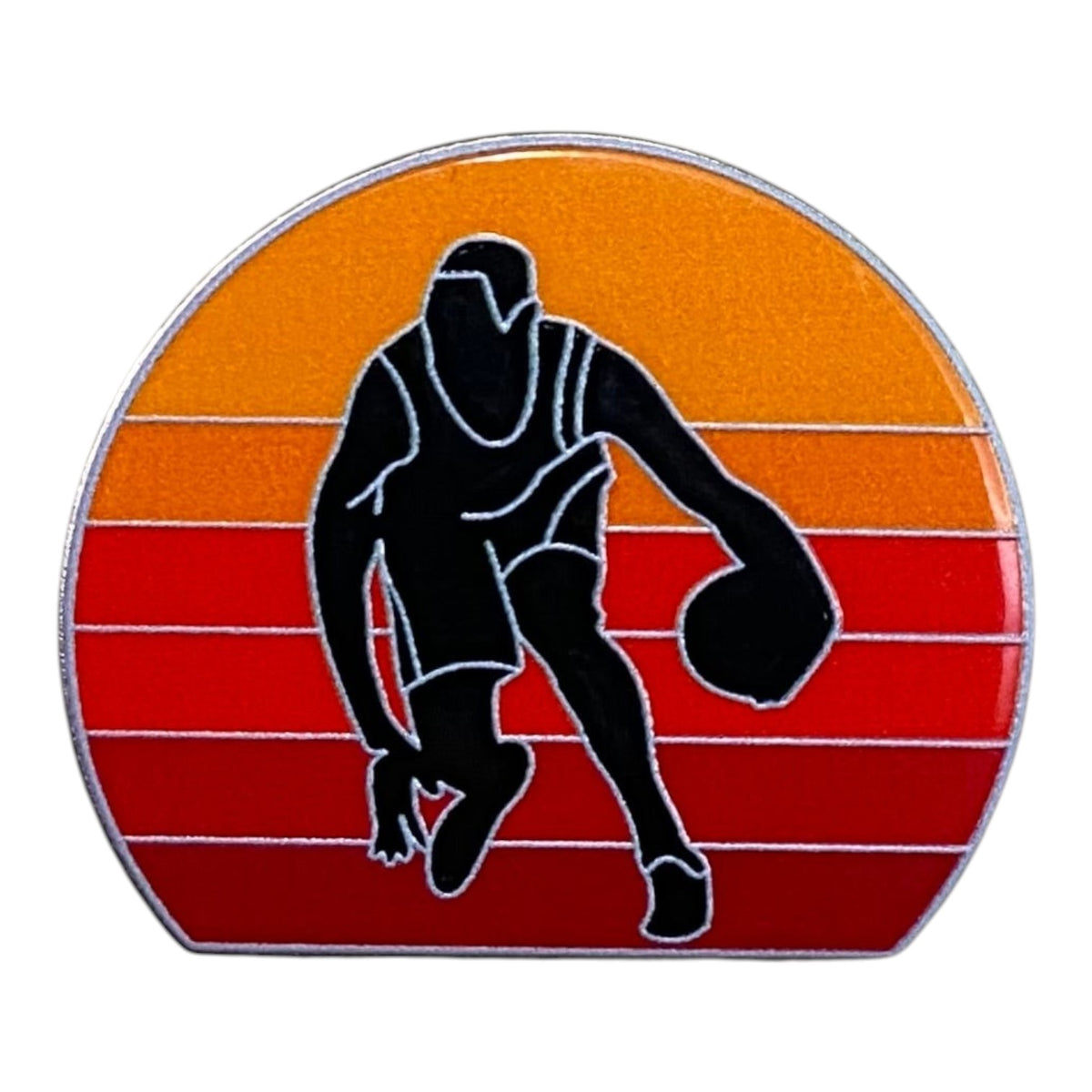 Pinkgul.no decorative metal sticker featuring a basketball player silhouette against a sunset gradient background