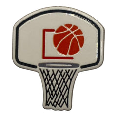 Pinkgul.no decorative metal sticker featuring a basketball hoop design with an orange ball on a white background