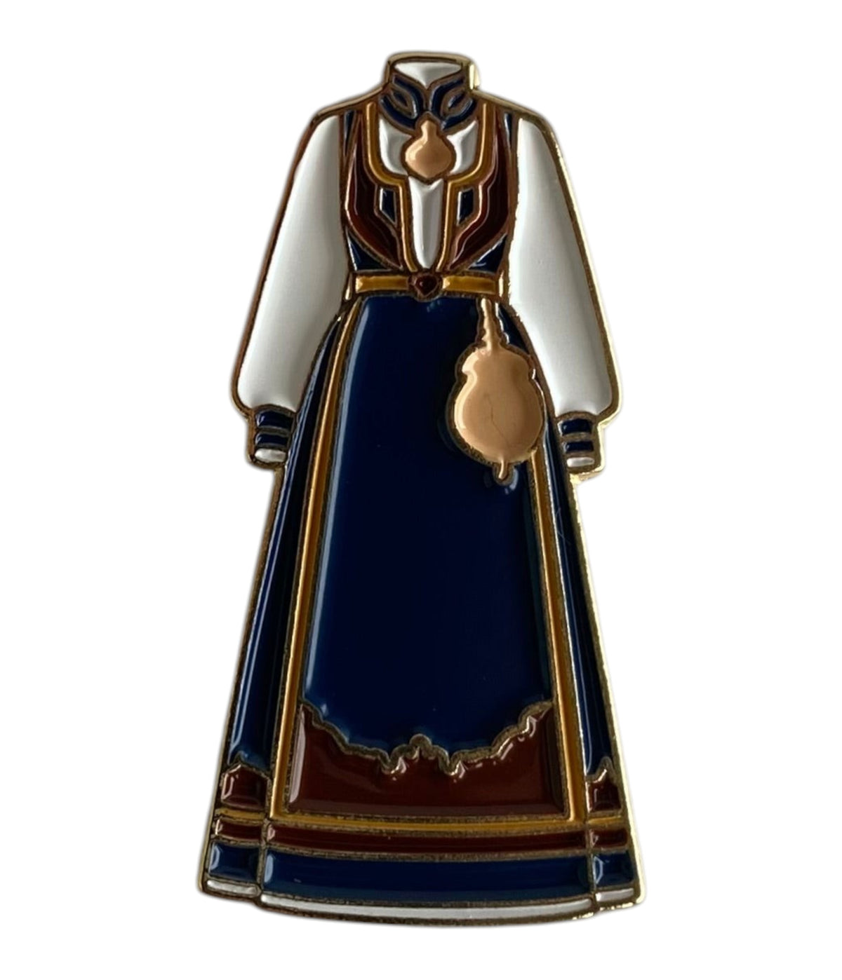 Pinkgul.no decorative metal sticker featuring a detailed blue Norwegian bunad dress design with gold accents.
