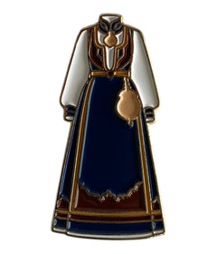 Pinkgul.no decorative metal sticker featuring a detailed blue Norwegian bunad dress design with gold accents.