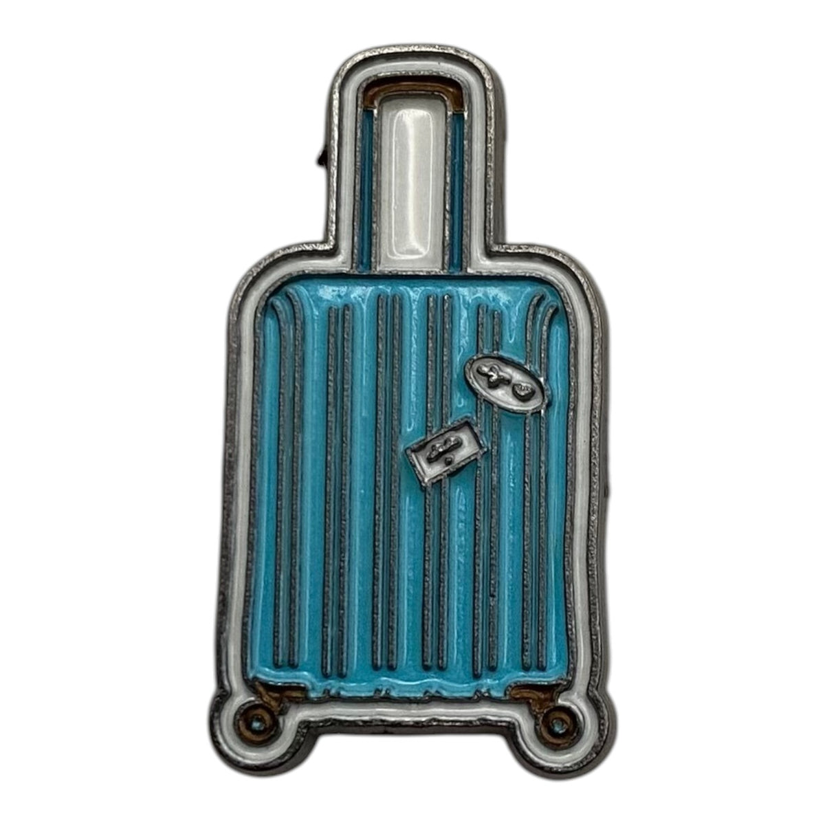 Pinkgul.no decorative metal sticker shaped like a light blue suitcase with raised details for phone or device decor.