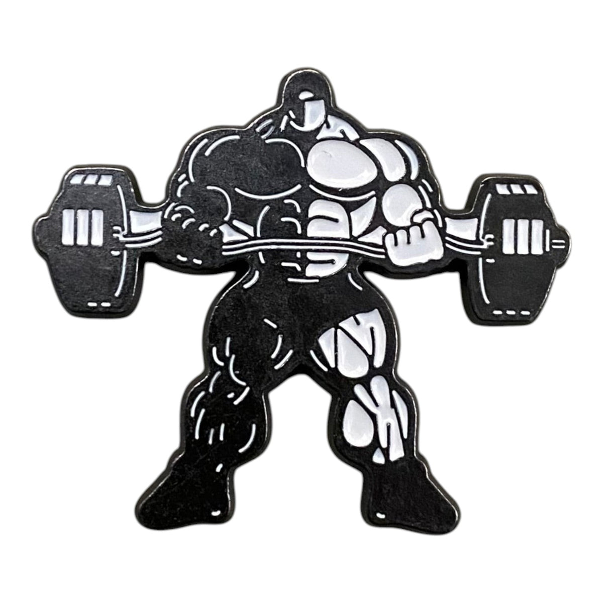 Pinkgul.no decorative metal sticker featuring a black and white muscular bodybuilder lifting a barbell