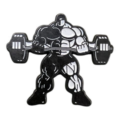 Pinkgul.no decorative metal sticker featuring a black and white muscular bodybuilder lifting a barbell