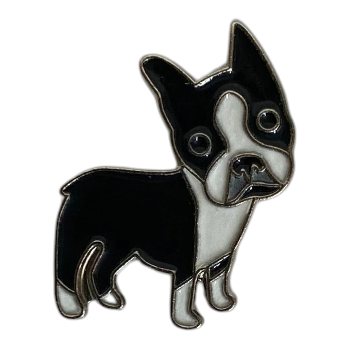 Pinkgul.no decorative metal sticker featuring a black and white Boston Terrier dog design with a raised finish.