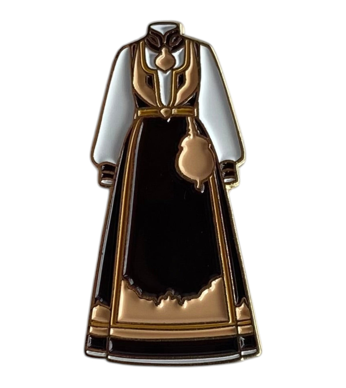 Pinkgul.no decorative metal sticker featuring a detailed brown and gold Norwegian bunad folk costume design.