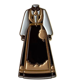 Pinkgul.no decorative metal sticker featuring a detailed brown and gold Norwegian bunad folk costume design.