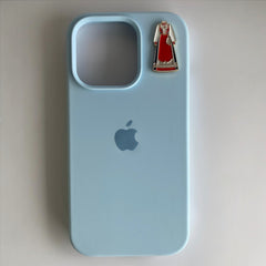 Pinkgul.no metal sticker featuring a traditional red Bunad dress design applied to a light blue iPhone case.