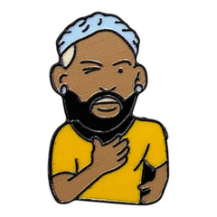 Pinkgul.no decorative metal sticker featuring a cartoon man with a beard and yellow shirt, ideal for mobile devices.