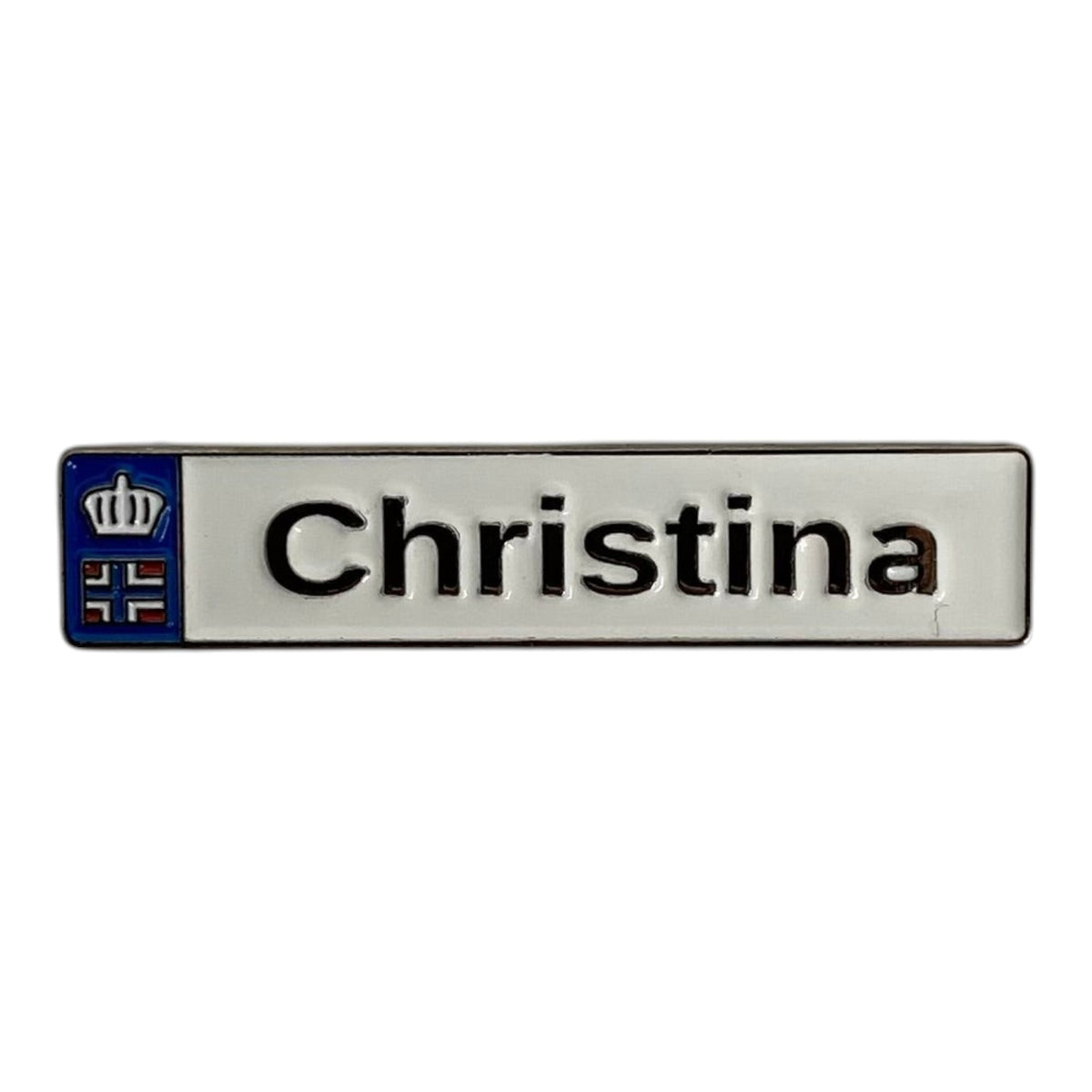 Pinkgul.no Christina decorative metal sticker with a raised crown and flag emblem on a white rectangular background.