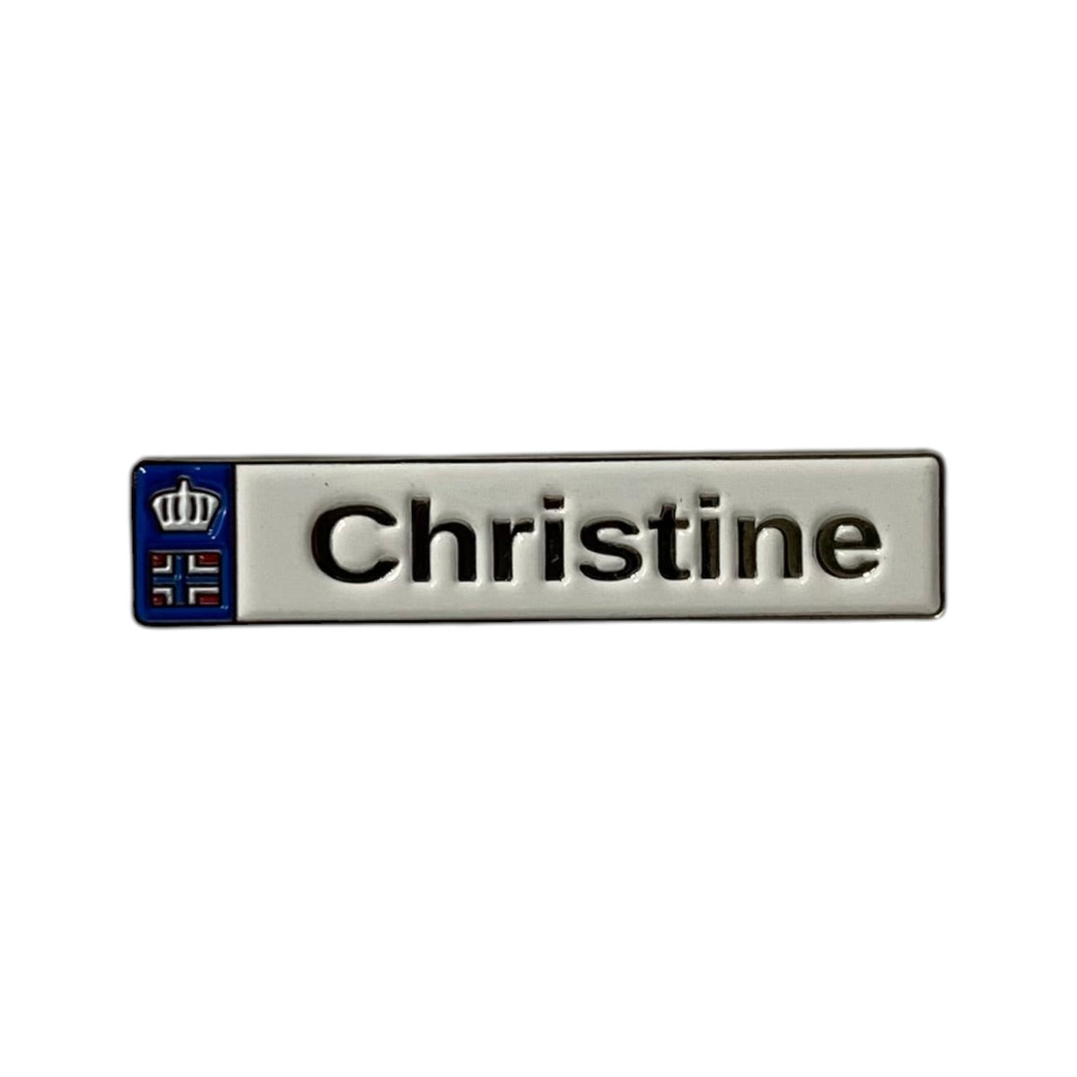 Pinkgul.no Christine decorative metal sticker with a raised design and Norwegian flag detail on a white background