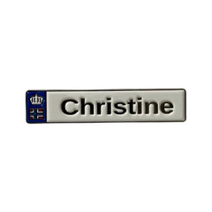 Pinkgul.no Christine decorative metal sticker with a raised design and Norwegian flag detail on a white background