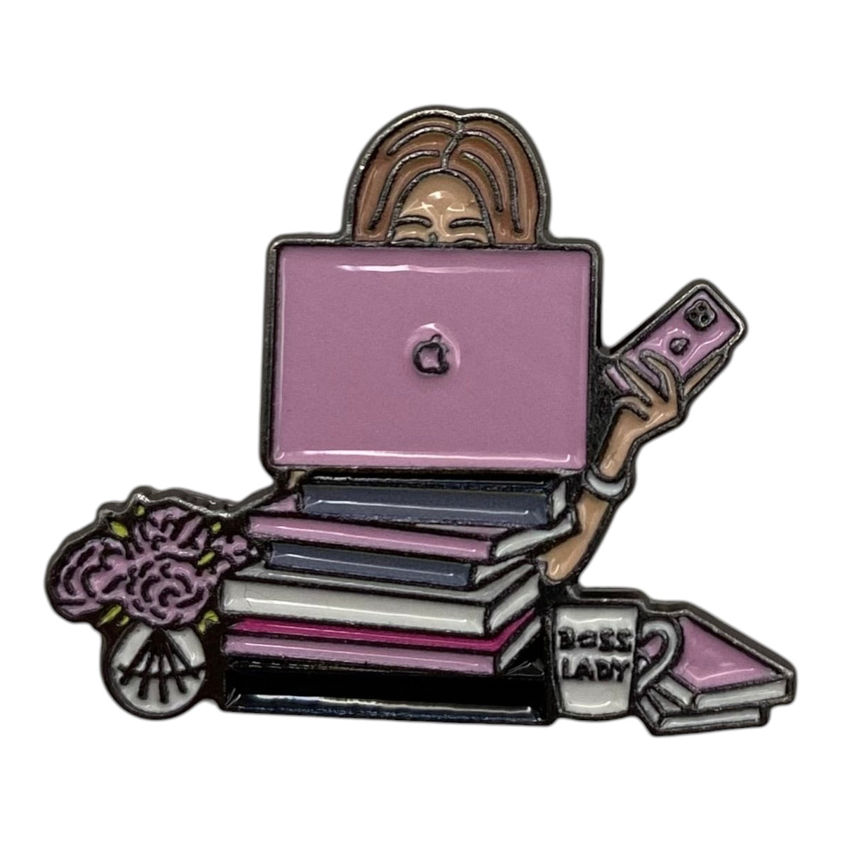 Pinkgul.no decorative metal sticker featuring a woman working on a pink laptop with books, a phone, and a mug.