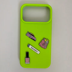 Pinkgul.no decorative metal stickers featuring a car, money bag, name tag, and nail polish on a neon green phone case