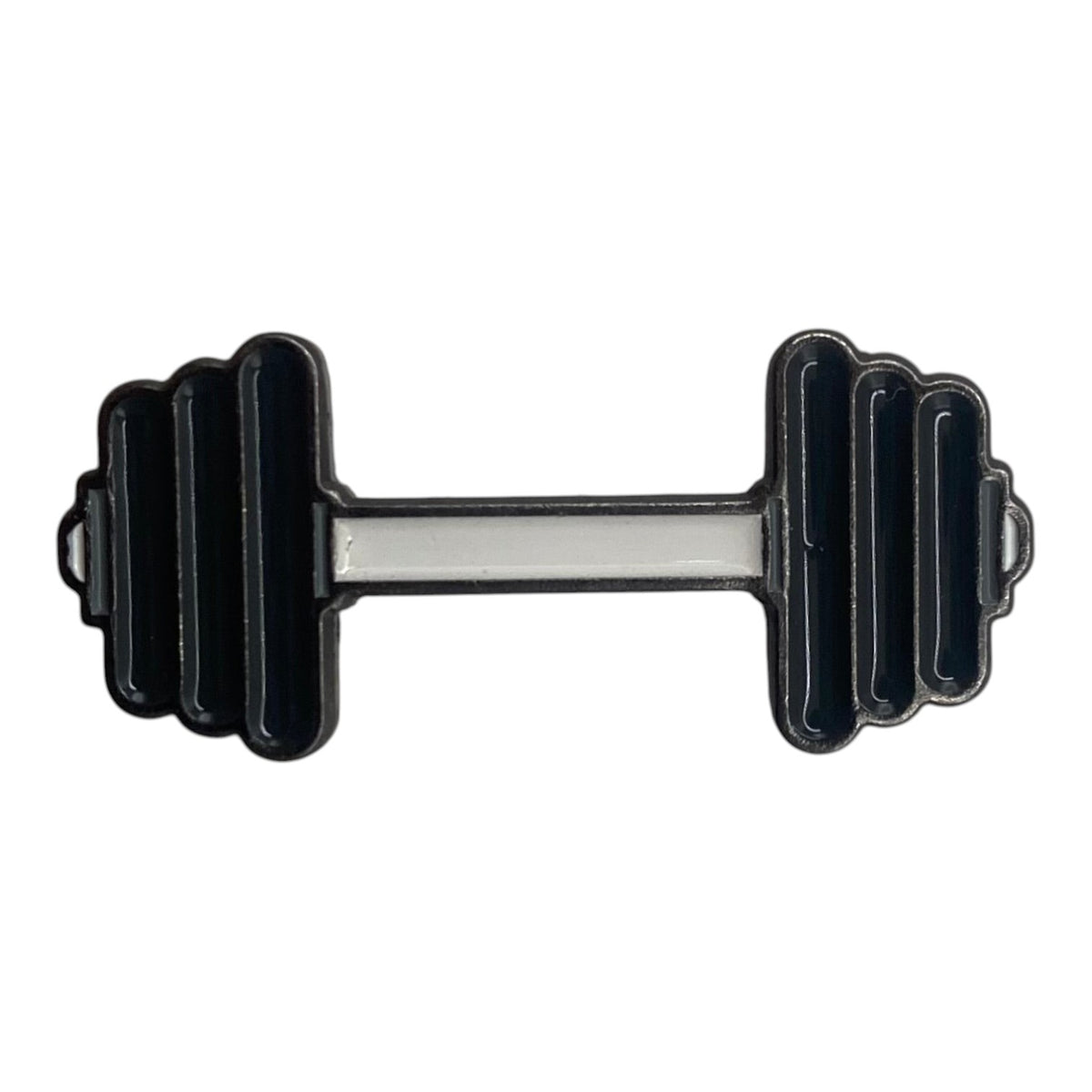 Pinkgul.no decorative metal sticker shaped like a black dumbbell with a raised design for electronics or accessories