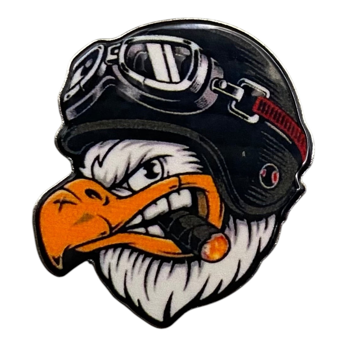 Pinkgul.no decorative metal sticker featuring a tough eagle wearing a motorcycle helmet and goggles with a cigar.