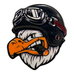 Pinkgul.no decorative metal sticker featuring a tough eagle wearing a motorcycle helmet and goggles with a cigar.