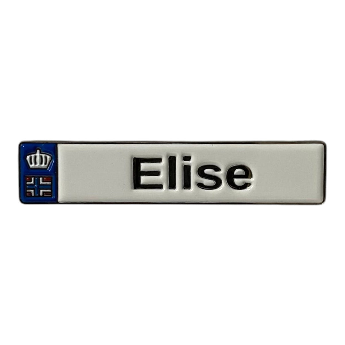 Pinkgul.no Elise decorative metal sticker with a white background, black text, and a small blue crown emblem.