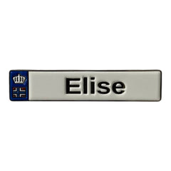 Pinkgul.no Elise decorative metal sticker with a white background, black text, and a small blue crown emblem.