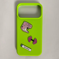 Pinkgul.no lime green phone case decorated with a pink mixer, dumbbell, and a custom Emilie metal sticker